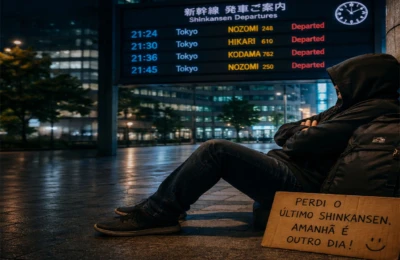 Pessoa de capuz sentada no chão de uma estação no Japão à noite, ao lado de um painel indicando trens Shinkansen encerrados e uma placa de papelão escrito 'Perdi o Shinkansen e dormi na praça'.