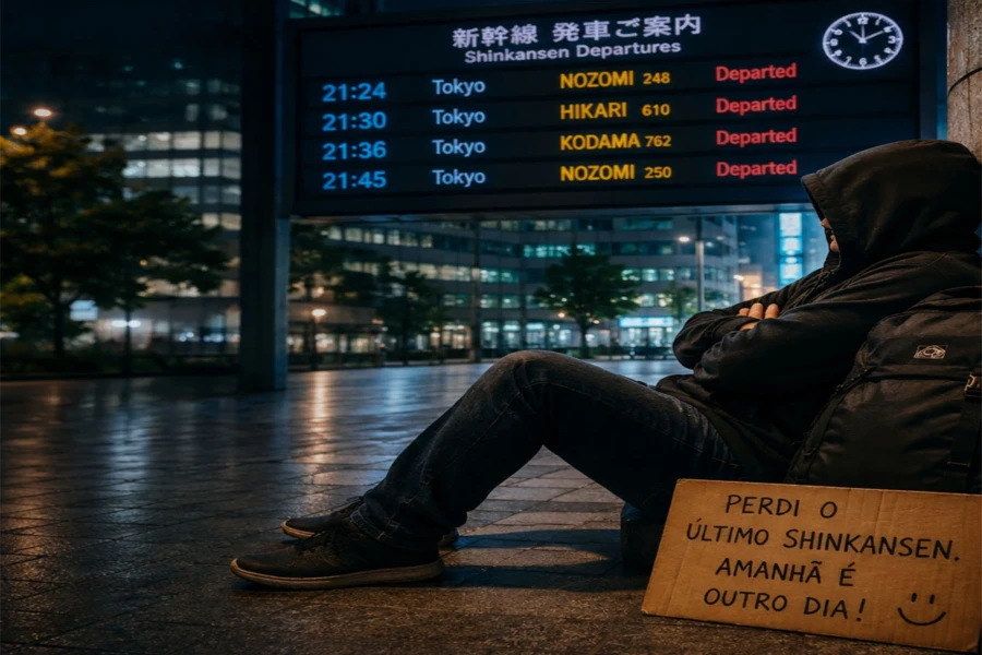 Pessoa de capuz sentada no chão de uma estação no Japão à noite, ao lado de um painel indicando trens Shinkansen encerrados e uma placa de papelão escrito 'Perdi o Shinkansen e dormi na praça'.