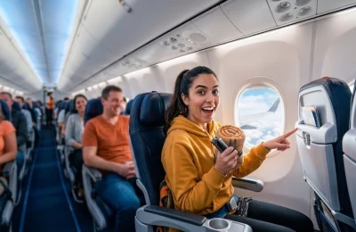 Mulher dentro do avião e usando 10 truques secretos para viagem de avião