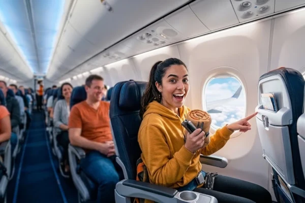 Mulher dentro do avião e usando 10 truques secretos para viagem de avião