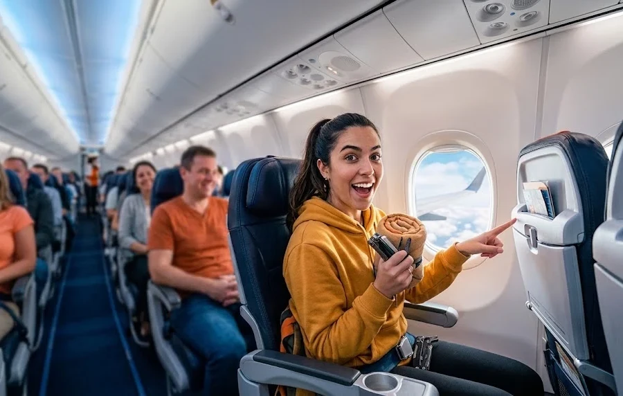 Mulher dentro do avião e usando 10 truques secretos para viagem de avião