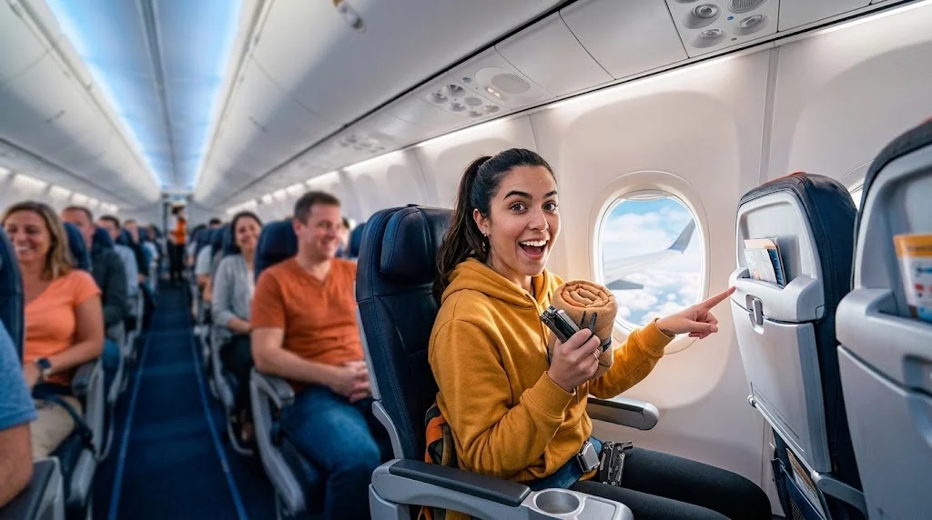 Mulher dentro do avião e usando 10 truques secretos para viagem de avião