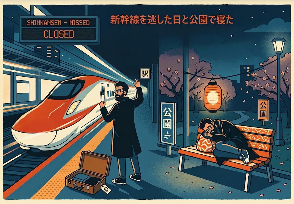 Ilustração de um homem de óculos e barba perdendo o trem bala Shinkansen no Japão e dormindo em um banco de parque à noite